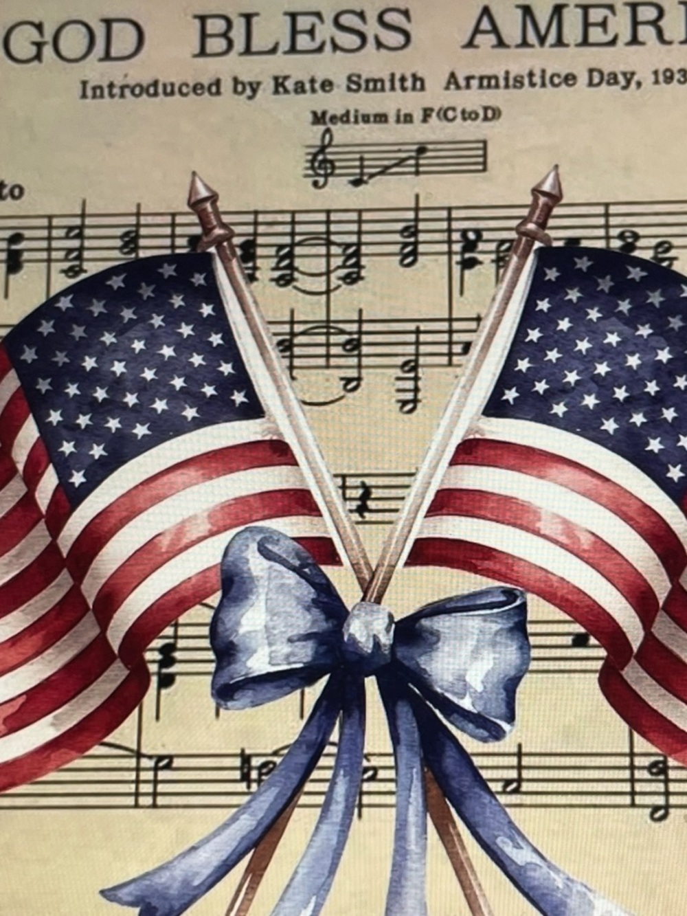 Patriotic American Flag Wall Art Print with Blue Bow